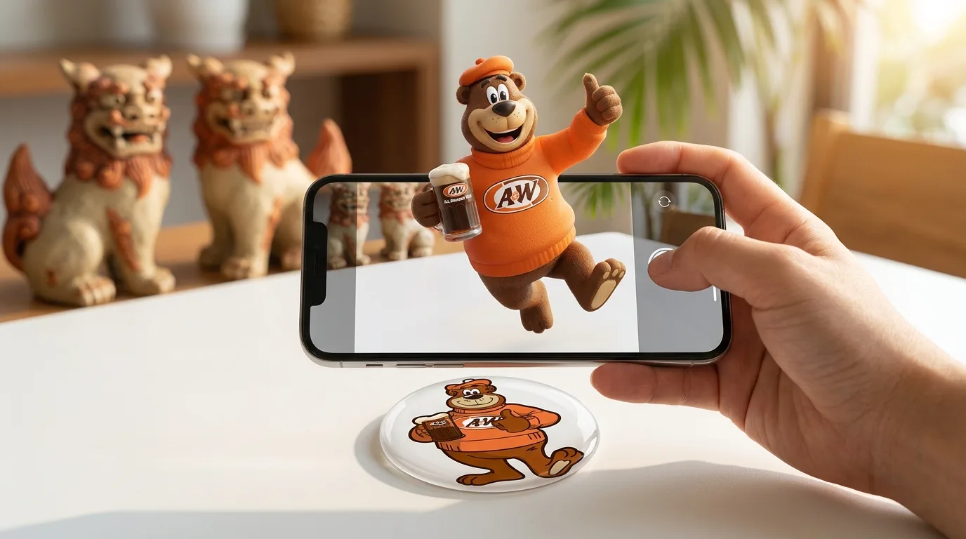 シーサーを背景にシールからルーティが飛び出す