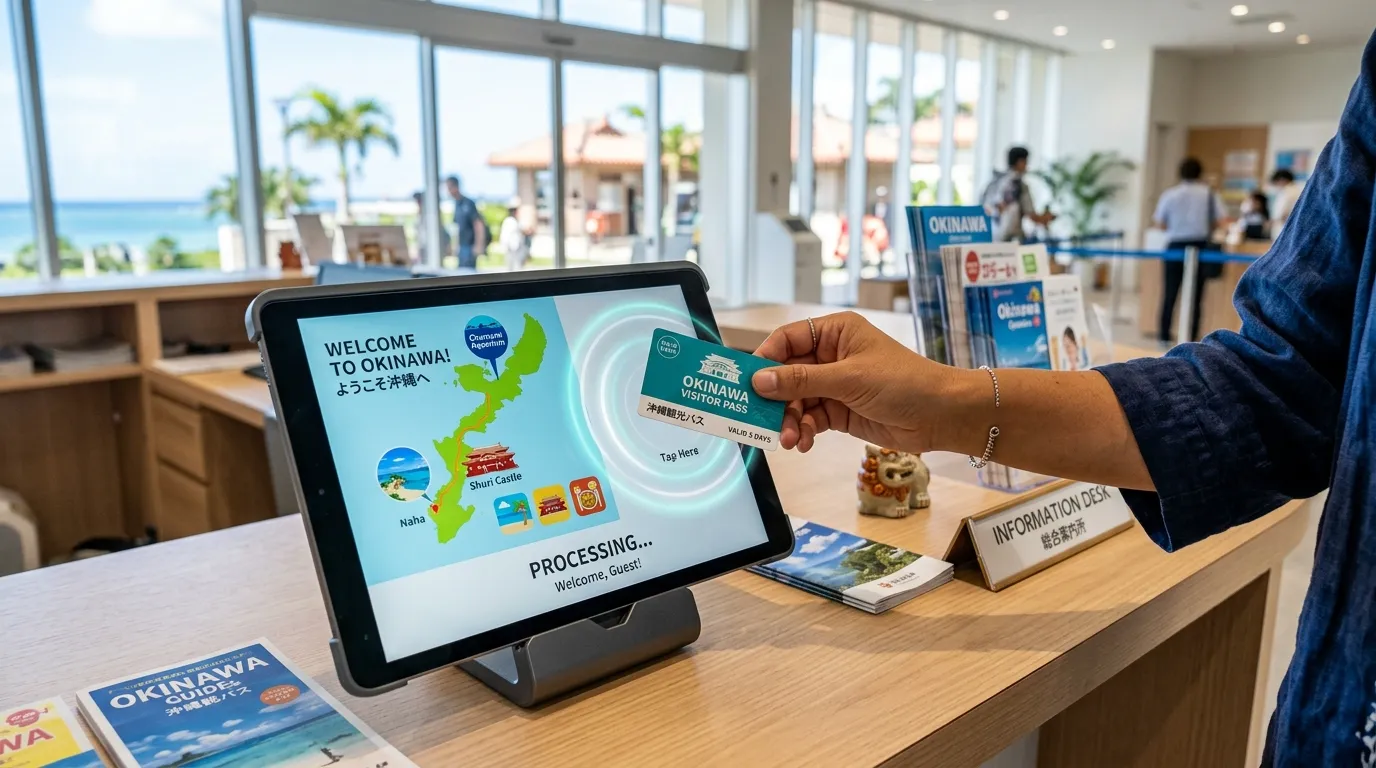 観光案内所でビジターパスをタッチ