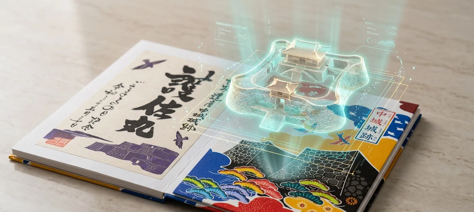 御城印から城跡のホログラムが浮かぶ