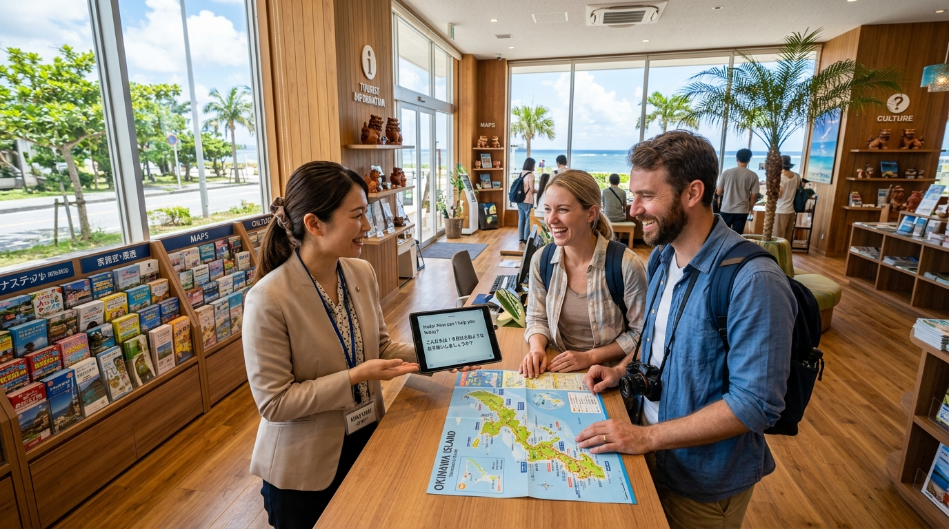 観光案内所でのAI通訳利用シーン