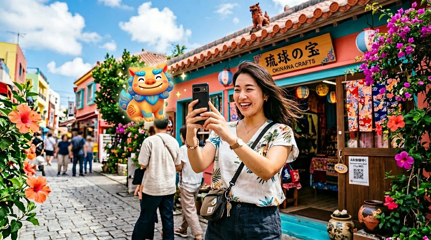 沖縄の商店街でAR体験