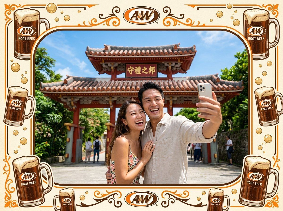 A&W ルートビアフレーム -- 守礼門でのカップルセルフィー