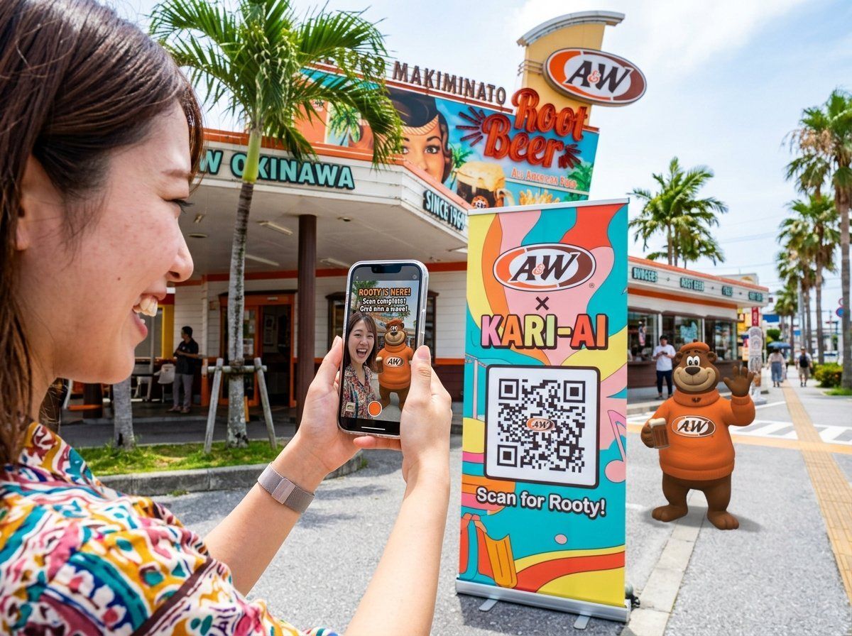 A&W店舗前でQRスキャン -- ルーティAR出現