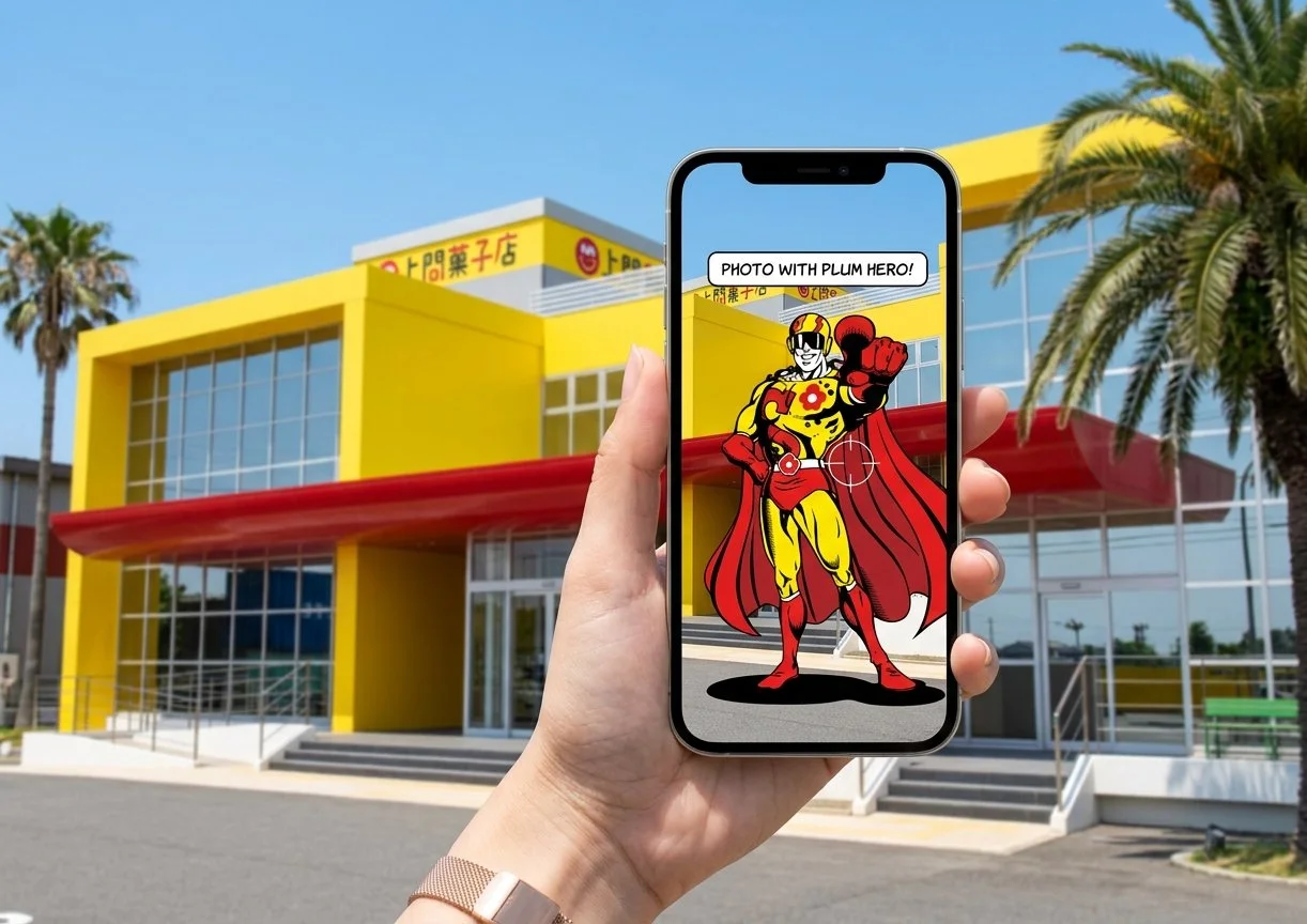 工場前でスッパイマンとAR撮影