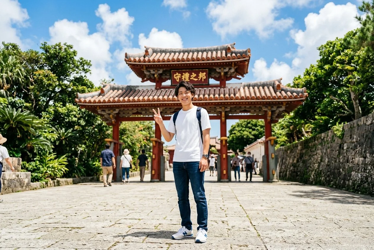 変身前 — 守礼門の前の男性旅行者